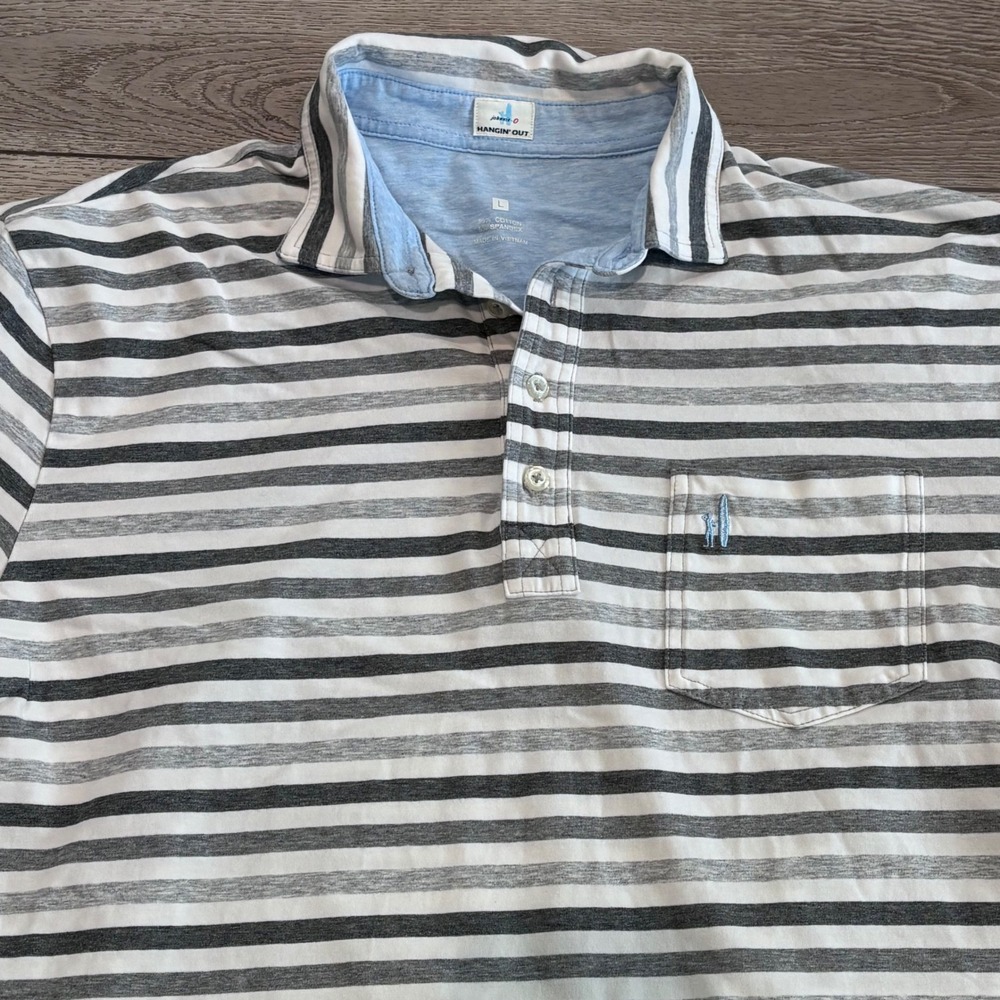 Johnnie-O Hangin Out Polo Mens Large Grey White Striped Preppy Casual Golf